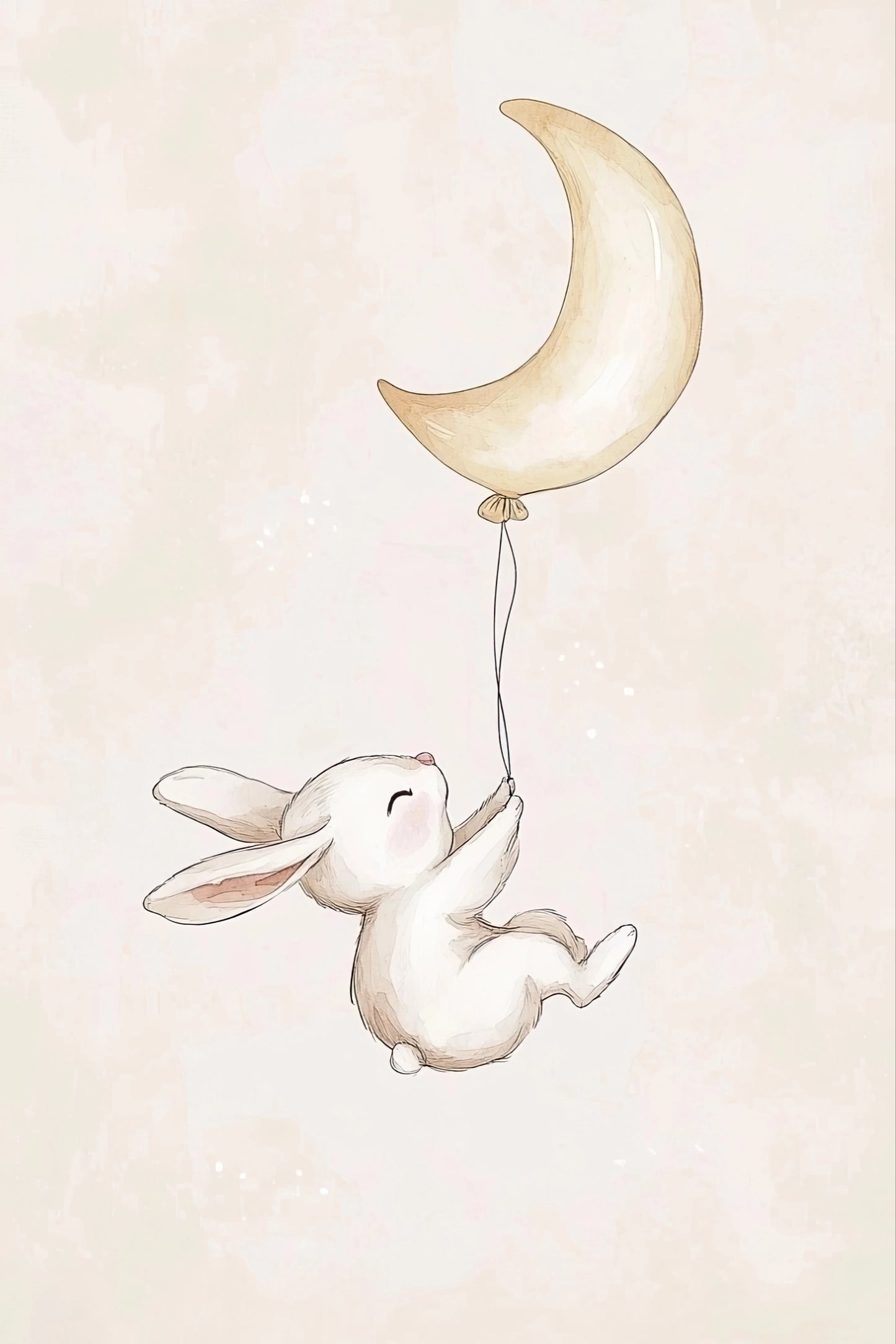 Volledige illustratie van een konijntje dat aan een maansikkel zweeft tegen een zachte crème achtergrond, in lichte en dromerige stijl.
