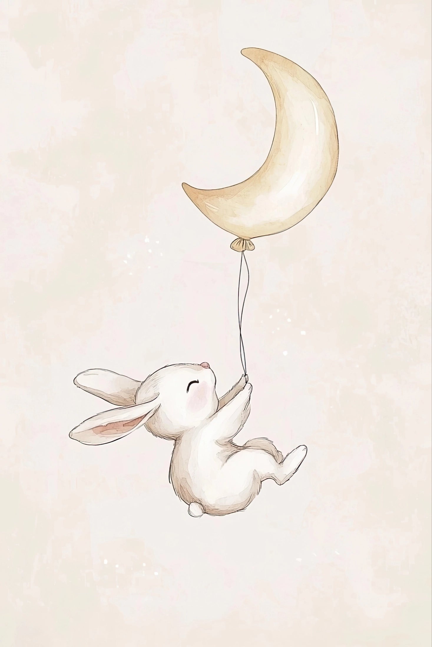 Volledige illustratie van een konijntje dat aan een maansikkel zweeft tegen een zachte crème achtergrond, in lichte en dromerige stijl.
