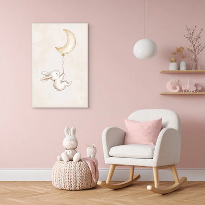 Mock-up van babykamer met kunstwerk van een konijntje dat omhoog vliegt aan een maansikkel, boven een roze muur en naast een schommelstoel.
