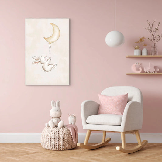 Mock-up van babykamer met kunstwerk van een konijntje dat omhoog vliegt aan een maansikkel, boven een roze muur en naast een schommelstoel.
