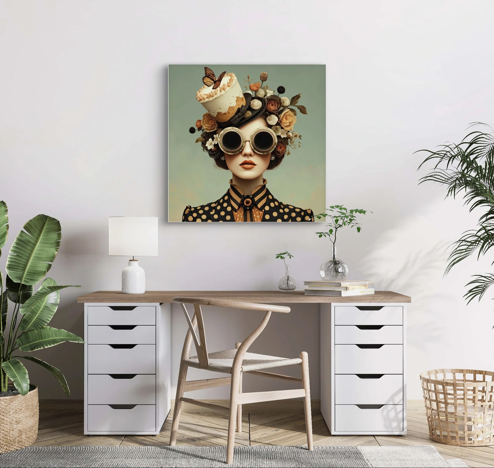 Textielkunstwerk Madame Gâteau boven een houten bureau met planten en zachte styling in een lichte ruimte  
