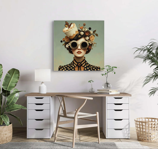 Textielkunstwerk Madame Gâteau boven een houten bureau met planten en zachte styling in een lichte ruimte  
