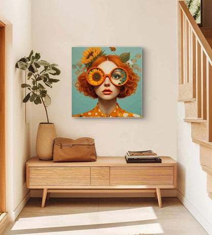 Textielkunstwerk Madame Soleil boven een houten bankje in een warme hal met zonlicht
