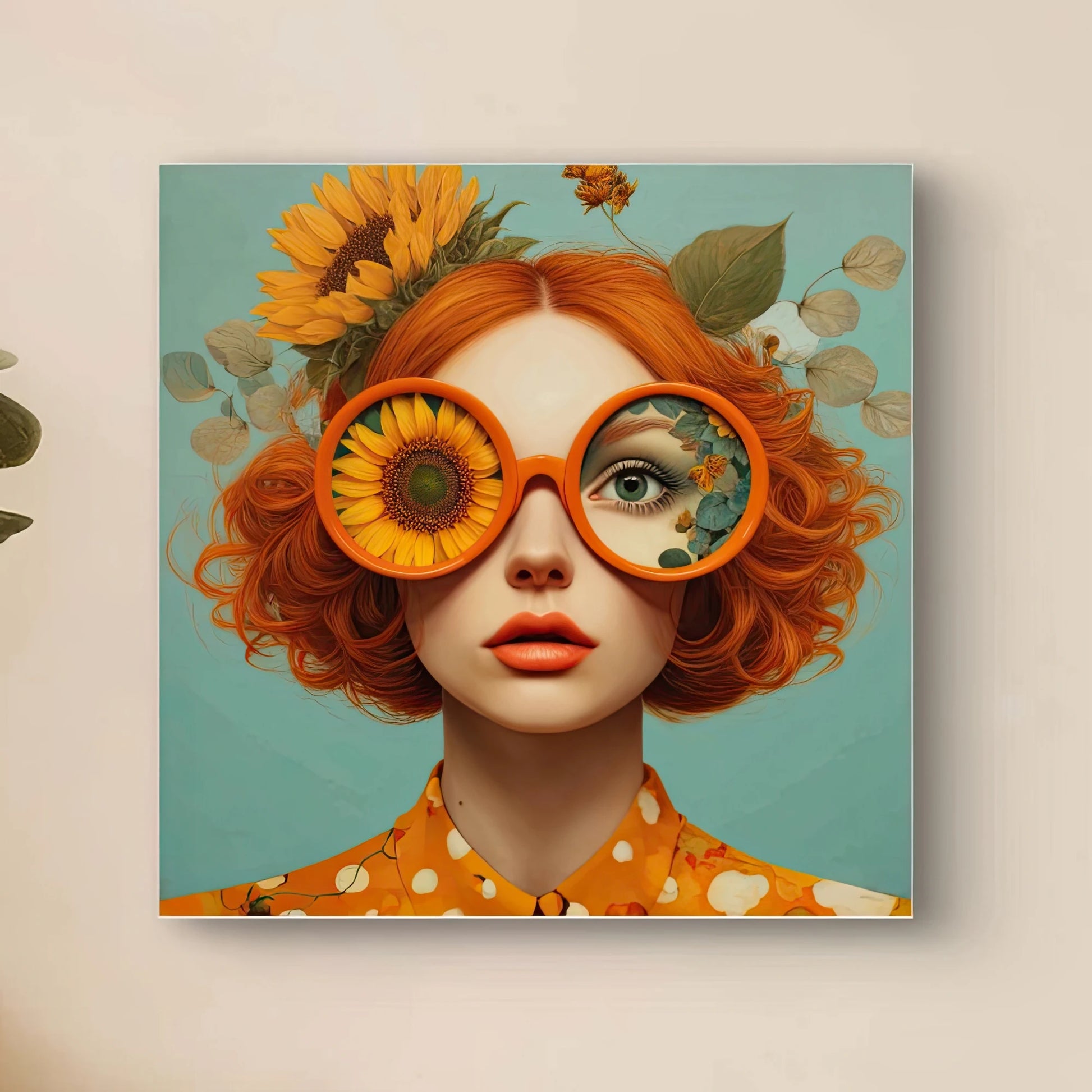 Detail van Madame Soleil met grote bril waarin zonnebloemen en blauwe lucht weerspiegeld worden
