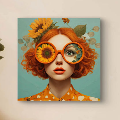 Detail van Madame Soleil met grote bril waarin zonnebloemen en blauwe lucht weerspiegeld worden
