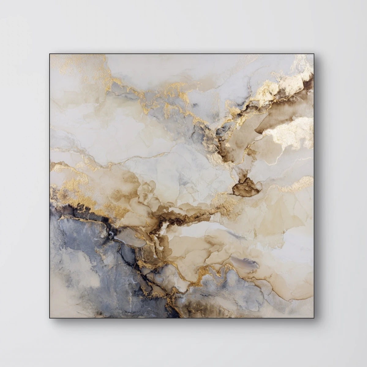 Detail van schilderij Marmeren Dageraad met marmerachtige structuren in blauw, crème en zand
