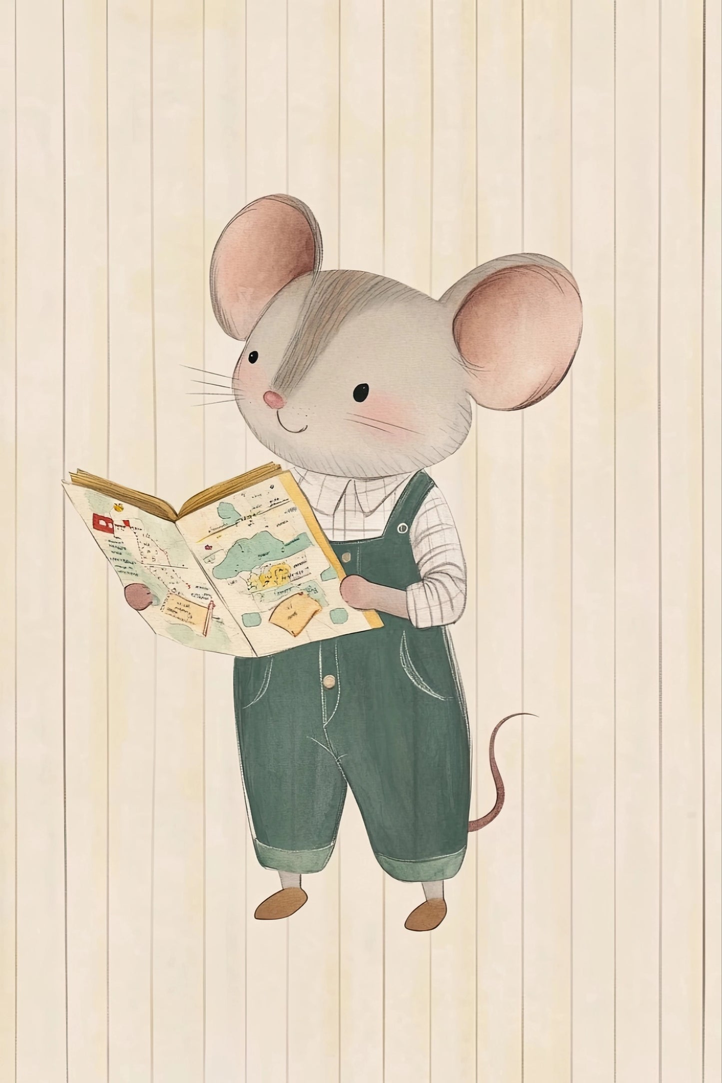 Volledige illustratie van een muis die een boek leest, in een zachte, vintage-achtige stijl met warme tinten en verticale strepen op de achtergrond.
