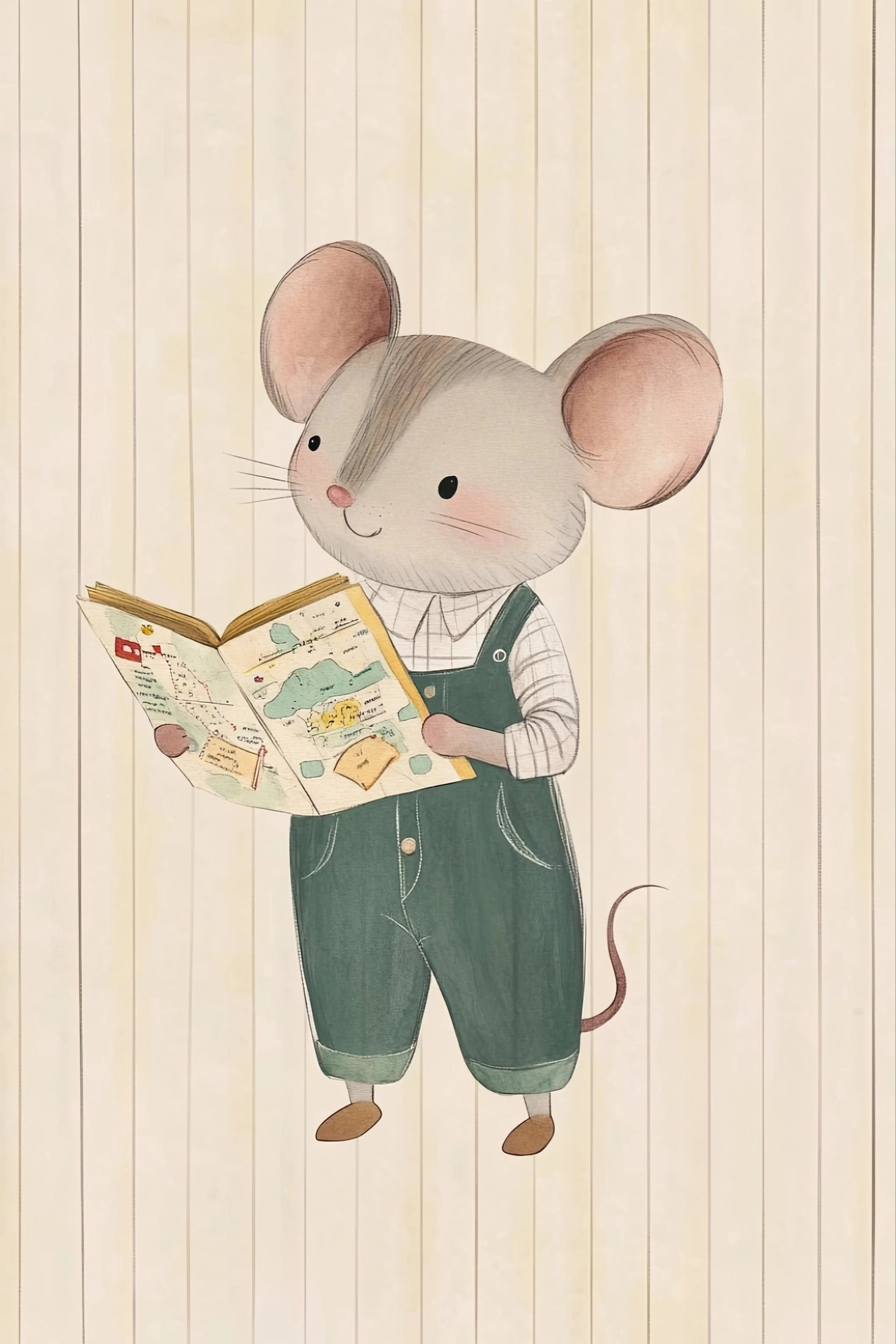 Volledige illustratie van een muis die een boek leest, in een zachte, vintage-achtige stijl met warme tinten en verticale strepen op de achtergrond.
