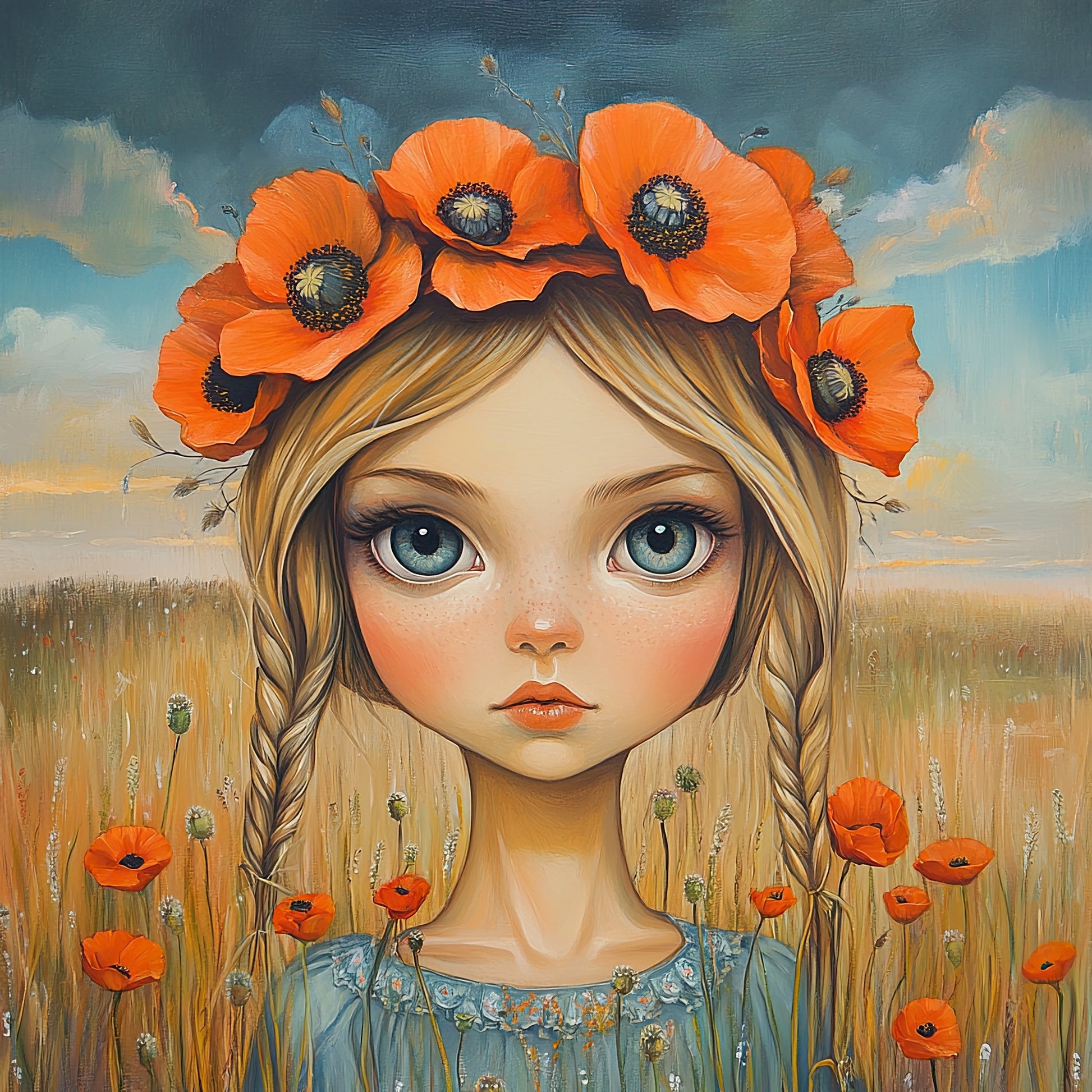 Volledige weergave van Meisje van de Klaprozen – meisje met bloemenkroon in veld met klaprozen en koren
