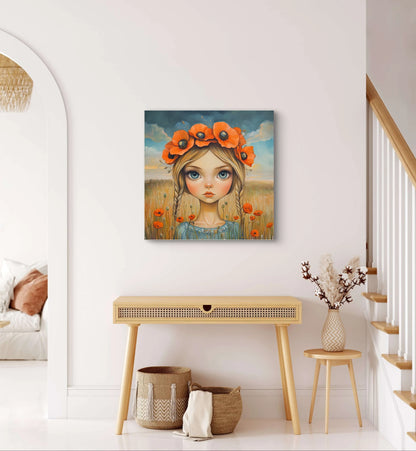 Textielkunstwerk Meisje van de Klaprozen boven een houten haltafel met rieten manden en gedroogde bloemen
