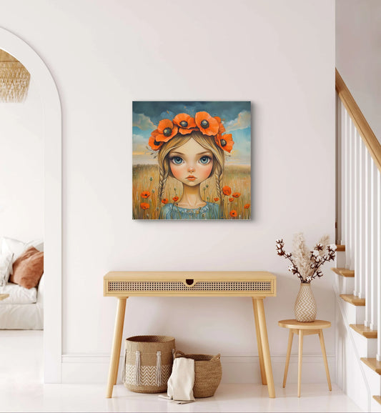 Textielkunstwerk Meisje van de Klaprozen boven een houten haltafel met rieten manden en gedroogde bloemen
