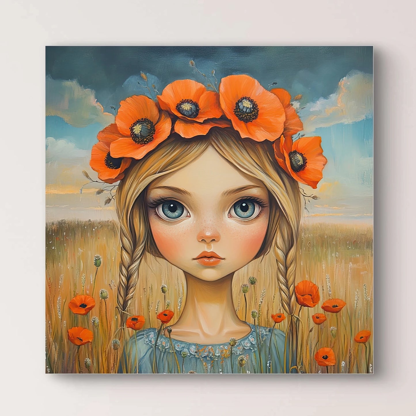 Detail van Meisje van de Klaprozen met oranje bloemenkroon en blauwe ogen in een zomers veld
