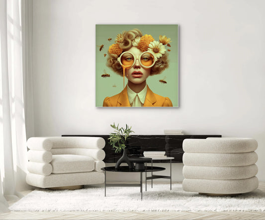 Meliora wandkunst in modern interieur met warme gele tinten en natuurlijke uitstraling
