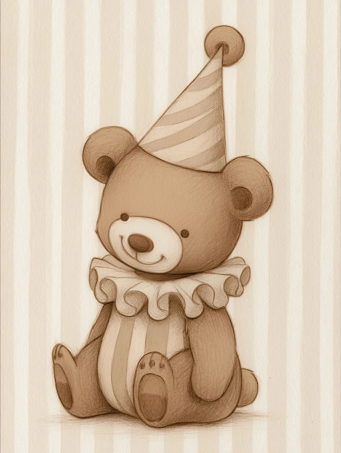 Volledige illustratie van een teddybeer met ruffelkraag en feestmuts, in zachte bruine tinten tegen een verticale streepachtergrond.
