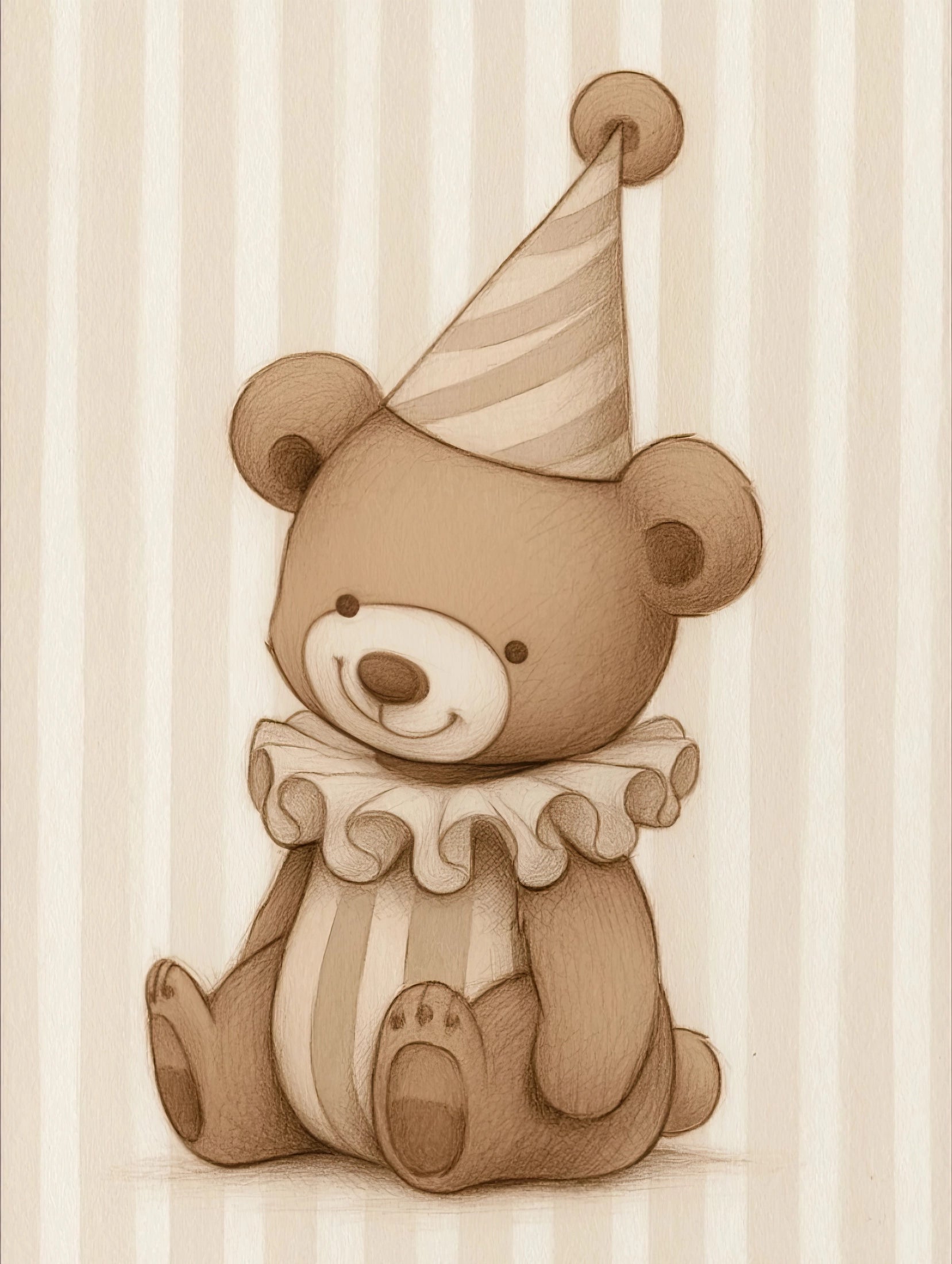 Volledige illustratie van een teddybeer met ruffelkraag en feestmuts, in zachte bruine tinten tegen een verticale streepachtergrond.
