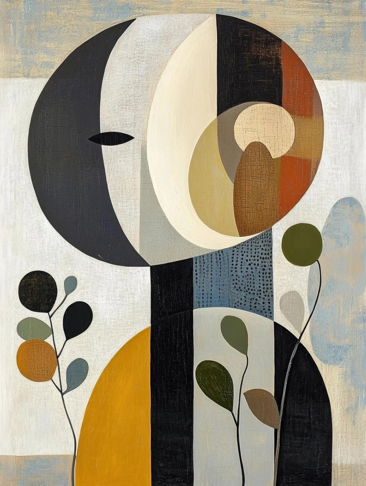 Abstracte wanddecoratie van gezicht in kubistische stijl met bruin, beige, zwart en wit
