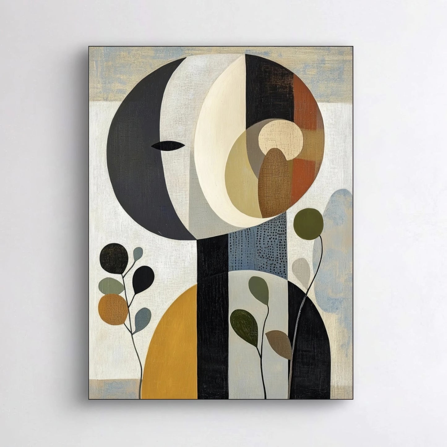 Detail van kubistisch portret met geometrische vlakken in aardetinten en zwart
