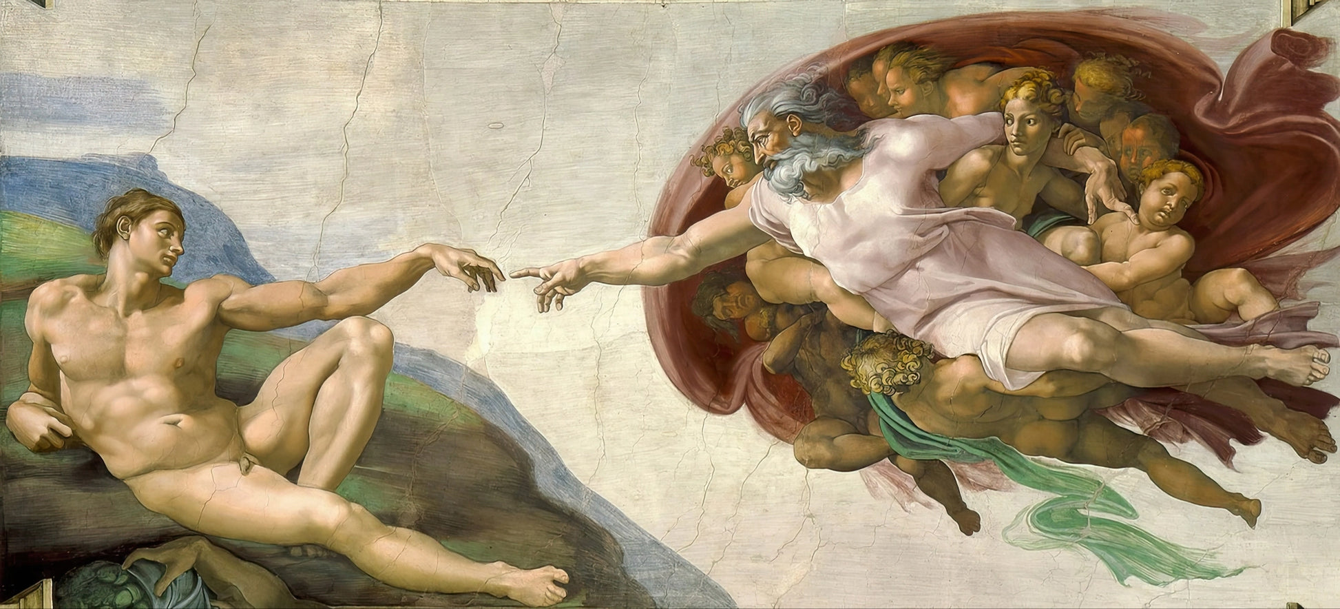 De schepping van Adam van Michelangelo met Adam en God die elkaar bijna aanraken, detail van het plafond van de Sixtijnse Kapel
