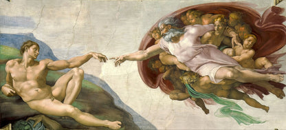 De schepping van Adam van Michelangelo met Adam en God die elkaar bijna aanraken, detail van het plafond van de Sixtijnse Kapel
