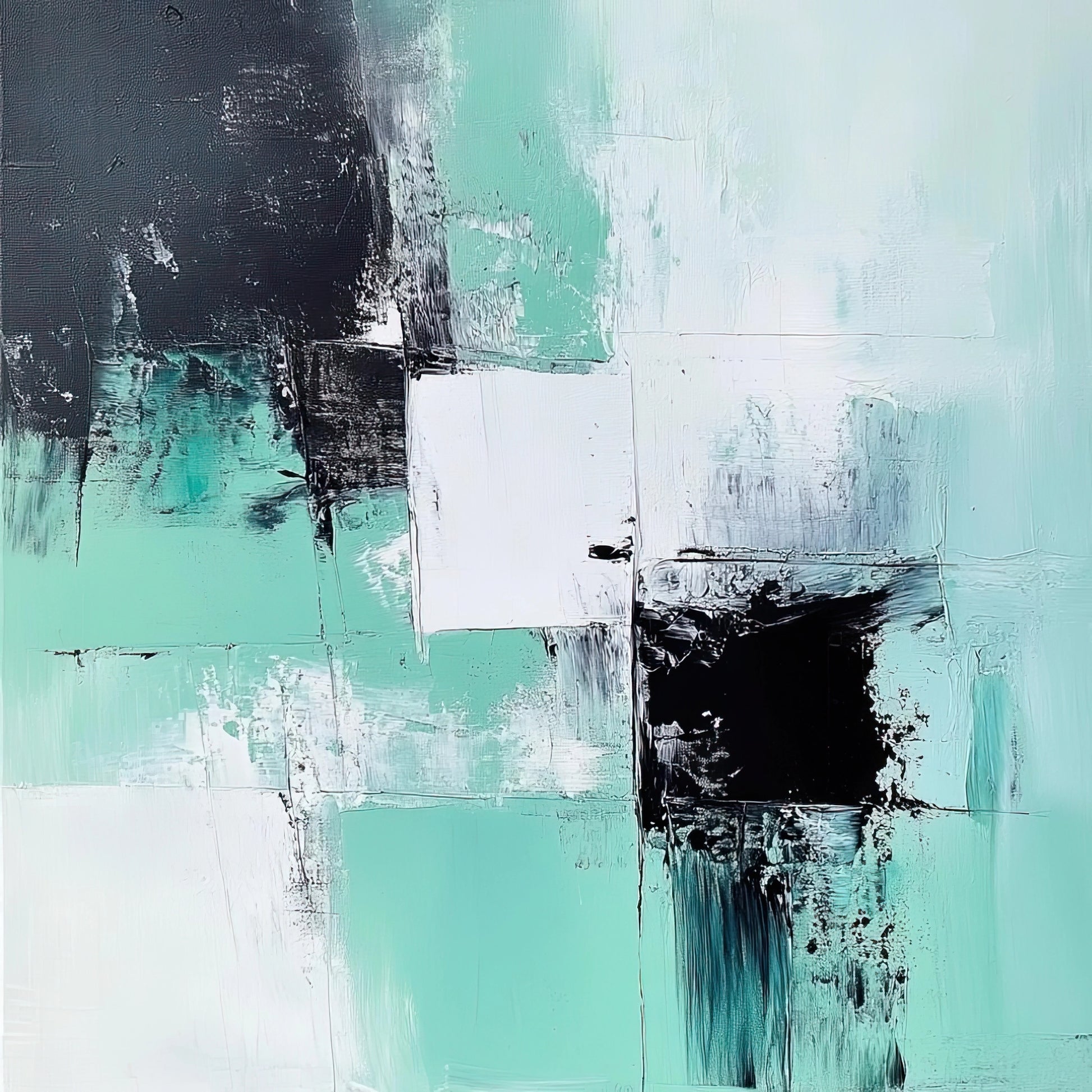 Vierkant abstract kunstwerk met mintgroene, zwarte en witte vlakken in moderne stijl
