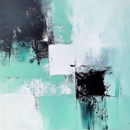 Vierkant abstract kunstwerk met mintgroene, zwarte en witte vlakken in moderne stijl
