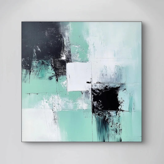 Detail van mintgroene en zwarte verfstructuren met witte accenten in abstracte compositie
