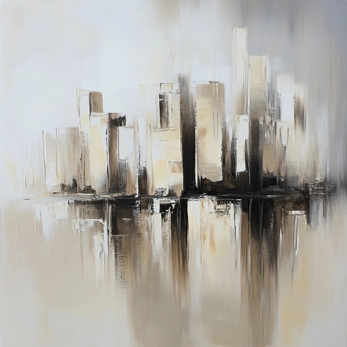 Vierkant abstract kunstwerk met skyline in mistige beige, grijze en zwarte kleuren
