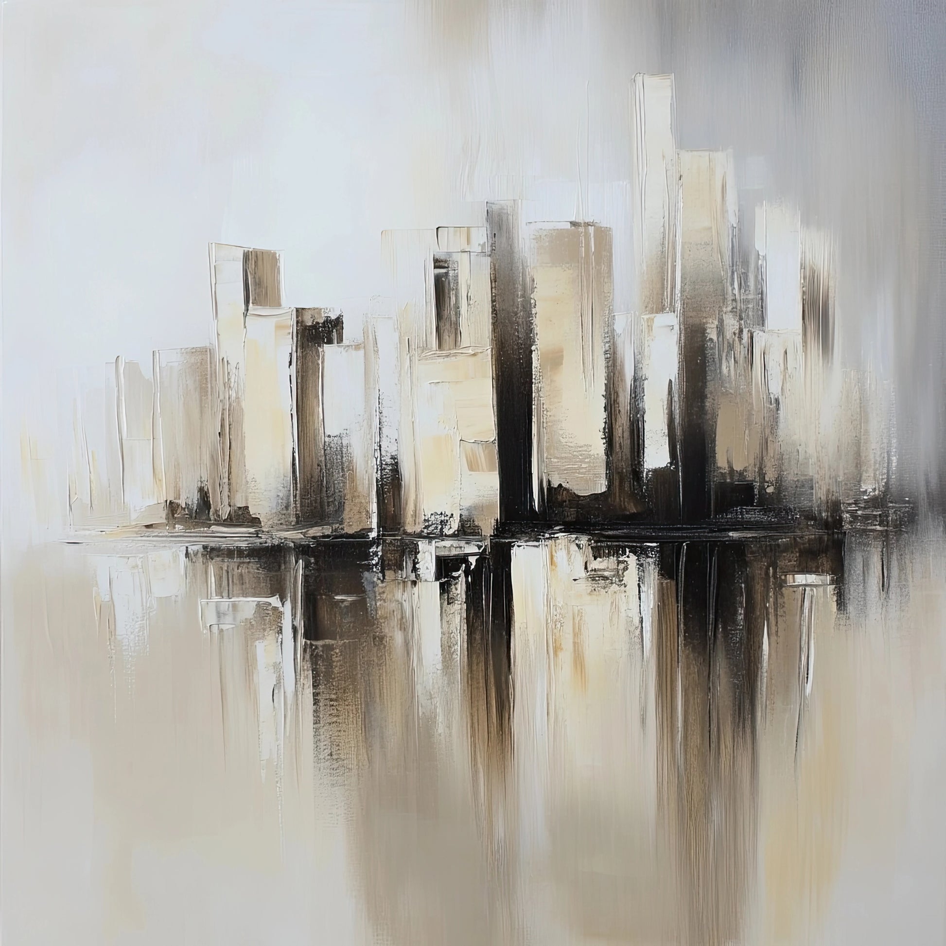 Vierkant abstract kunstwerk met skyline in mistige beige, grijze en zwarte kleuren
