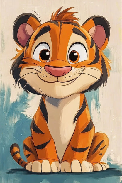 Volledige illustratie van een vrolijke tijger in speelse stijl, met brede glimlach en opgewekte uitstraling, op een turquoise achtergrond.
