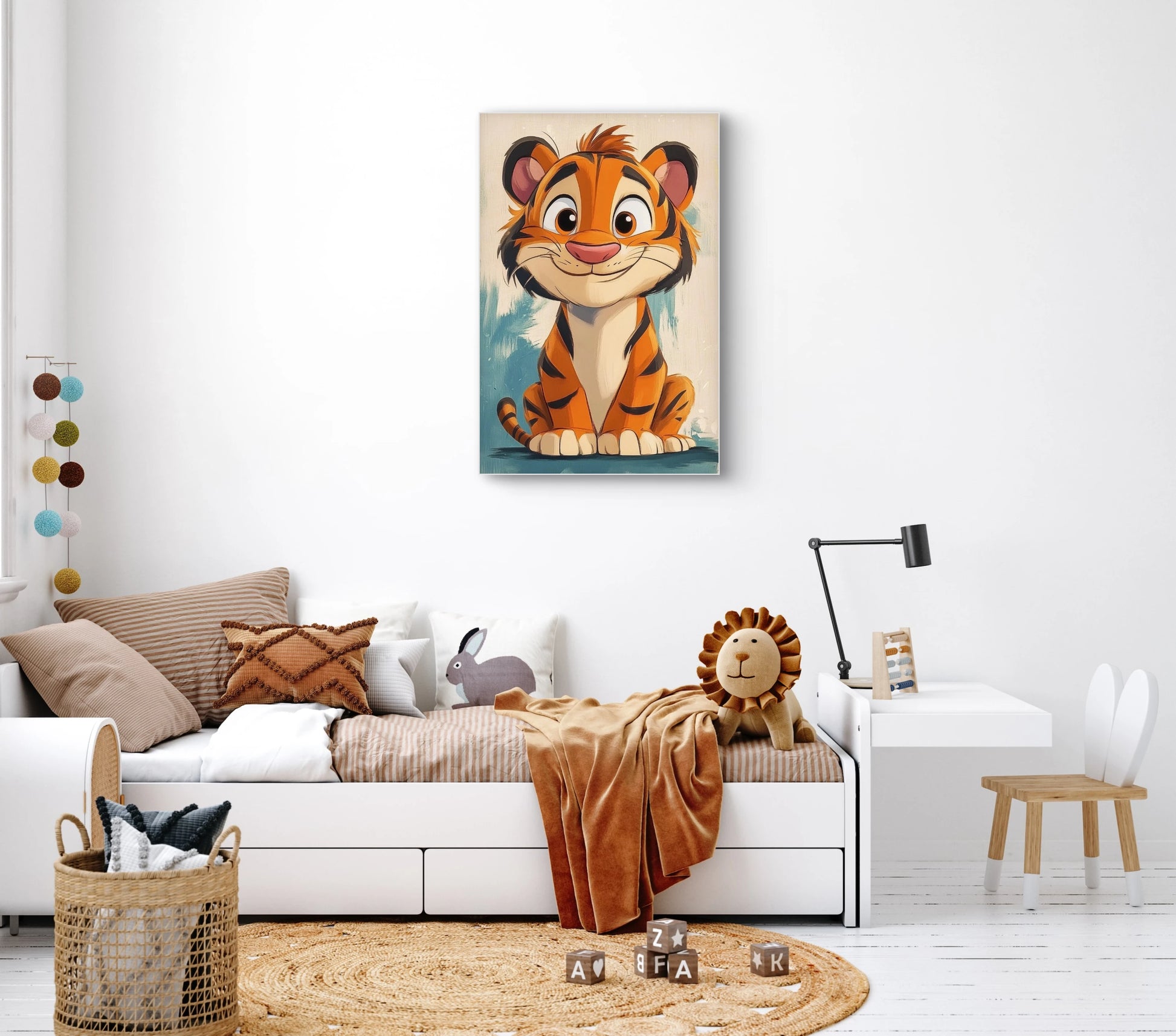 Mock-up van een kinderkamer met kunstwerk van een vrolijke tijger tegen een turquoise achtergrond, boven een bed met bruine accenten.
