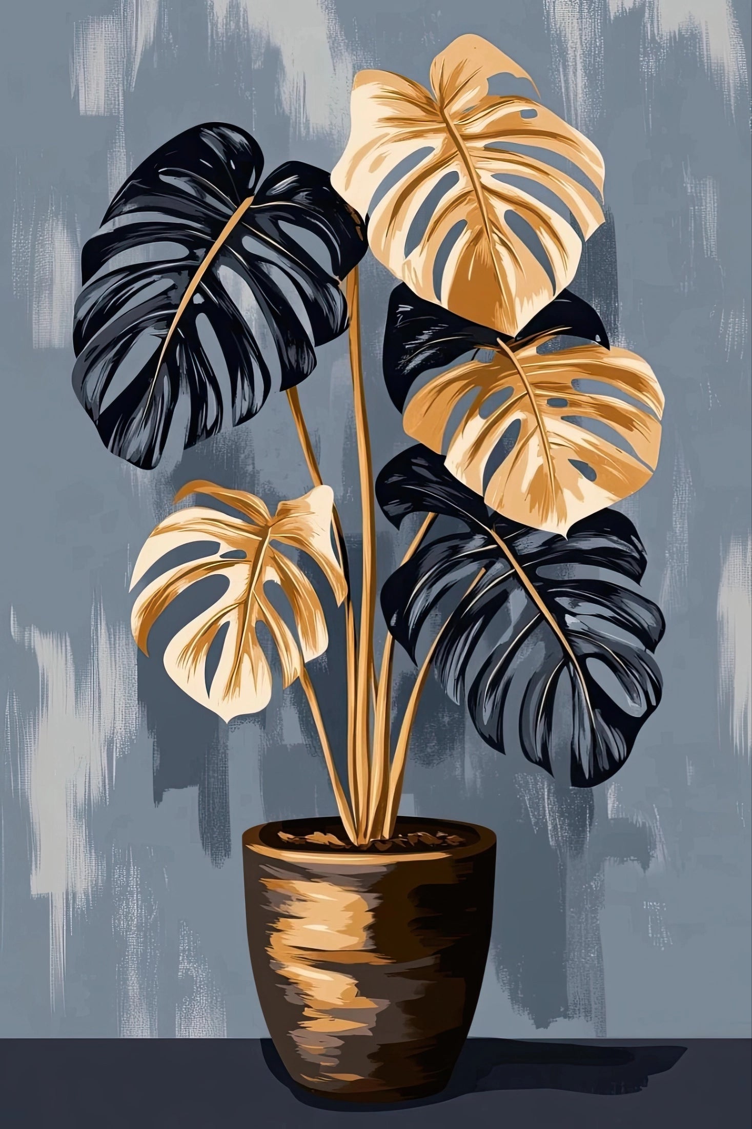 Volledige weergave van Monstera Noir met abstracte monstera plant in goud en zwart
