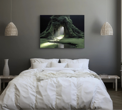 Bosachtig kunstwerk met groene boom en lichtinval boven een bed met witte lakens in een moderne slaapkamer
