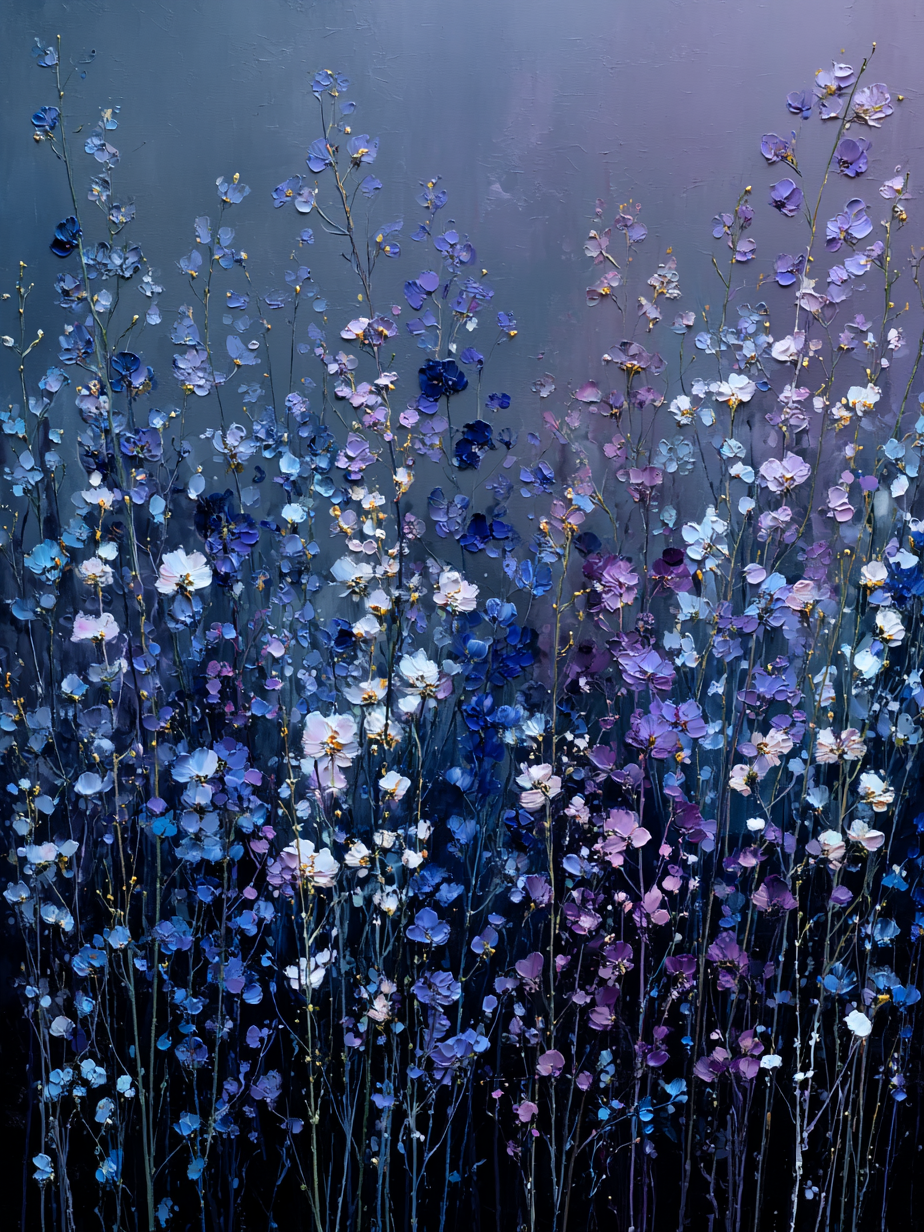 Bloemrijk abstract kunstwerk in blauwtinten met paarse en witte accenten, geïnspireerd op nachtelijke bloei

