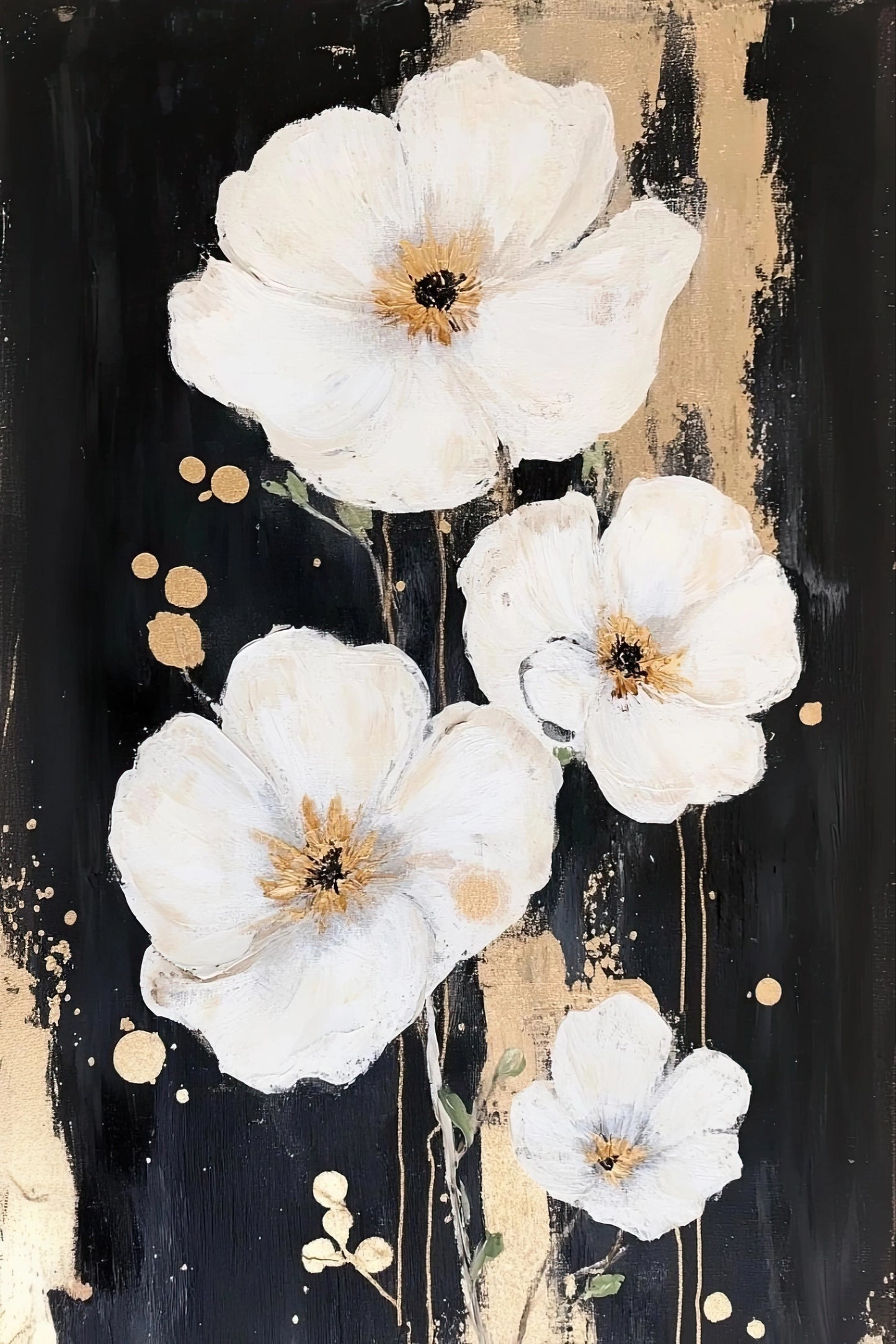 Volledig kunstwerk met vijf witte bloemen op donkere achtergrond, omlijst met gouden verfstructuur
