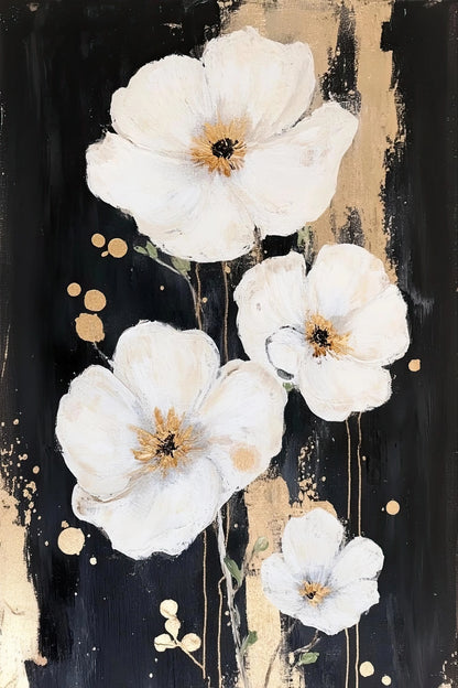 Volledig kunstwerk met vijf witte bloemen op donkere achtergrond, omlijst met gouden verfstructuur
