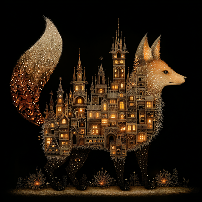 Volledige weergave van Nachtburcht met vos en sprookjesachtig kasteel in de nacht  
