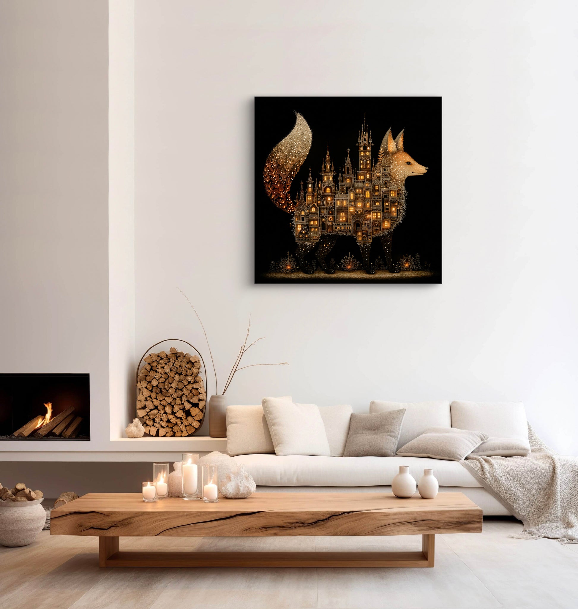 Mock-up van Nachtburcht aan de muur boven een moderne witte bank en houten tafel  
