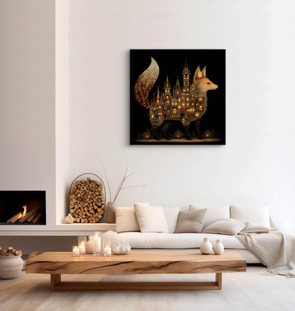 Mock-up van Nachtburcht aan de muur boven een moderne witte bank en houten tafel  
