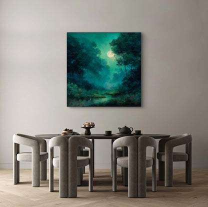 Schilderachtig boslandschap met maanlicht in blauwgroene tinten boven een eettafel met grijze stoelen
