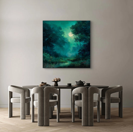 Schilderachtig boslandschap met maanlicht in blauwgroene tinten boven een eettafel met grijze stoelen
