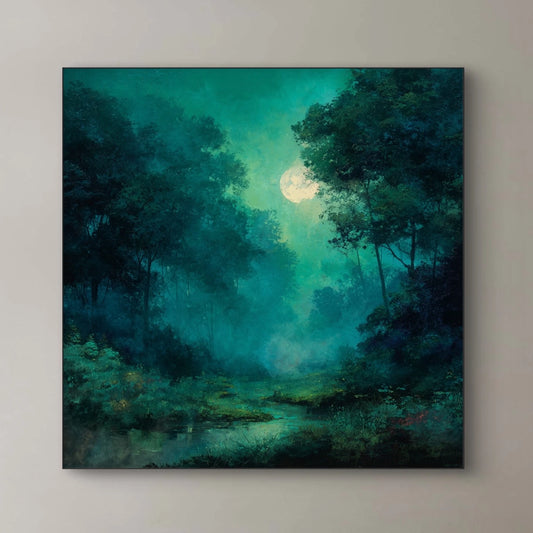 Detail van schilderachtig nachtlandschap met bomen en maanlicht in blauwgroene tinten
