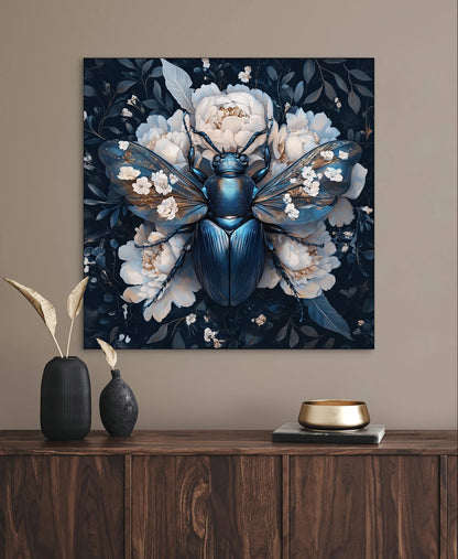 Wandkunst met glanzende kever en bloemen in donkerblauw interieur met houten dressoir
