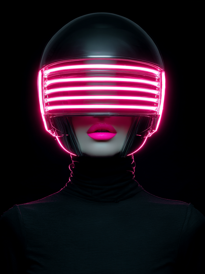 Volledige weergave van Neonhart met vrouw in zwarte col en neonroze helm
