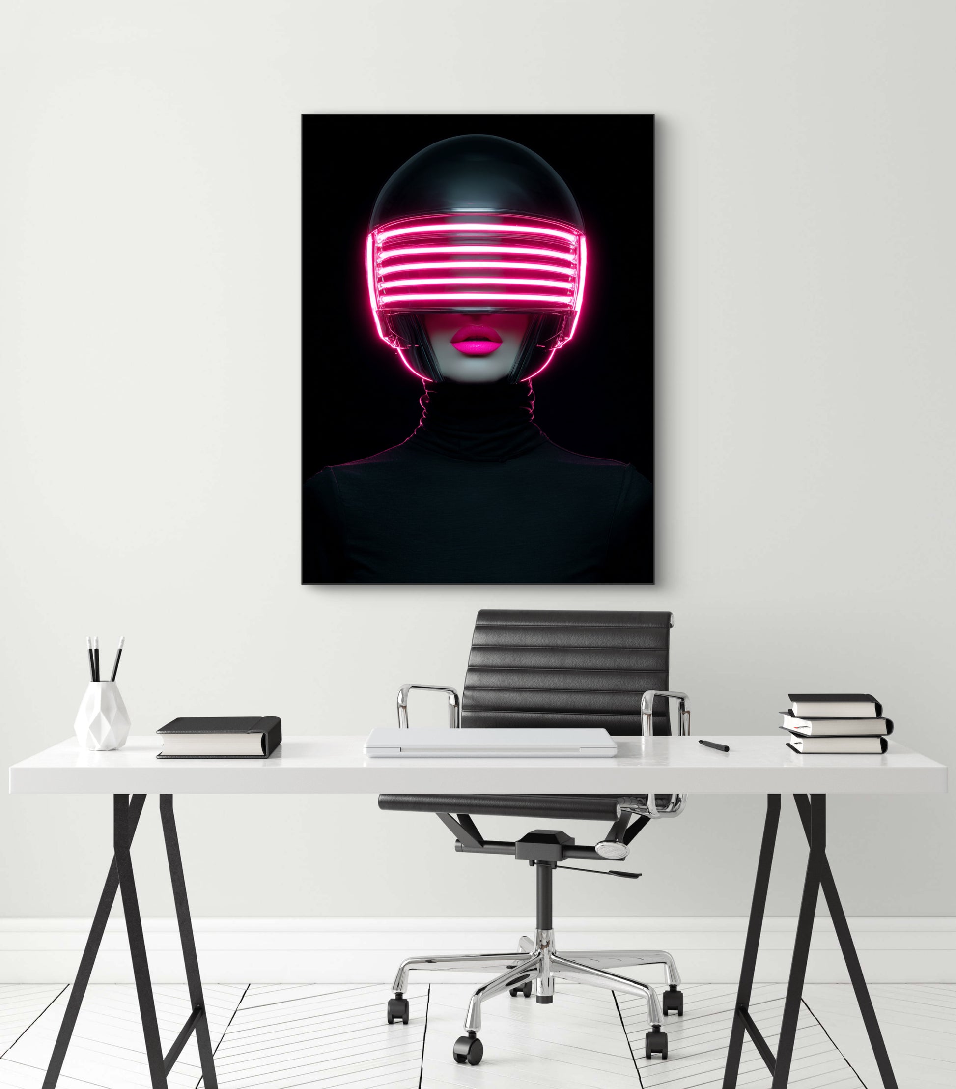 Kunstwerk Neonhart boven modern bureau met zwarte stoel en witte muur
