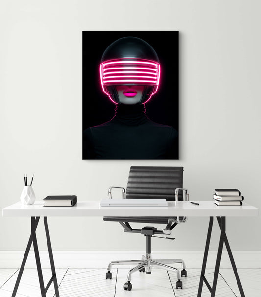 Kunstwerk Neonhart boven modern bureau met zwarte stoel en witte muur
