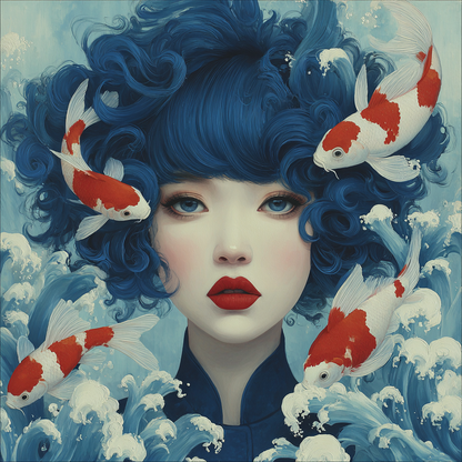 Volledige weergave van Nerumi, portretkunst met water en koi symboliek
