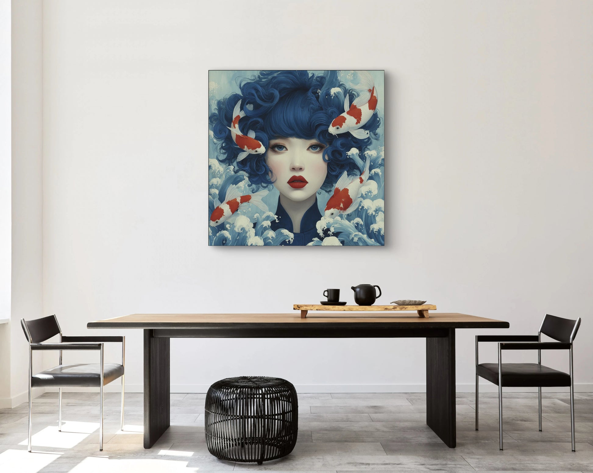 Nerumi wandkunst in modern interieur met blauwe tinten en golvende waterdetails
