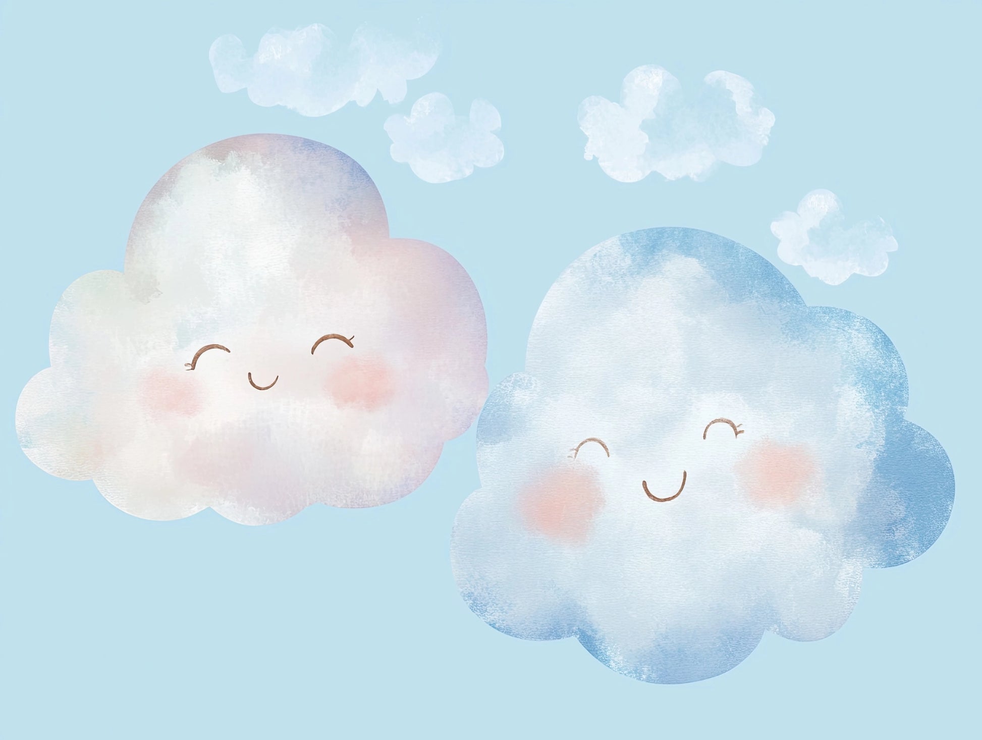 Volledige illustratie van twee lachende wolken, een lichtroze en een blauwgrijze, met kleine wolkjes erboven tegen een helderblauwe achtergrond.
