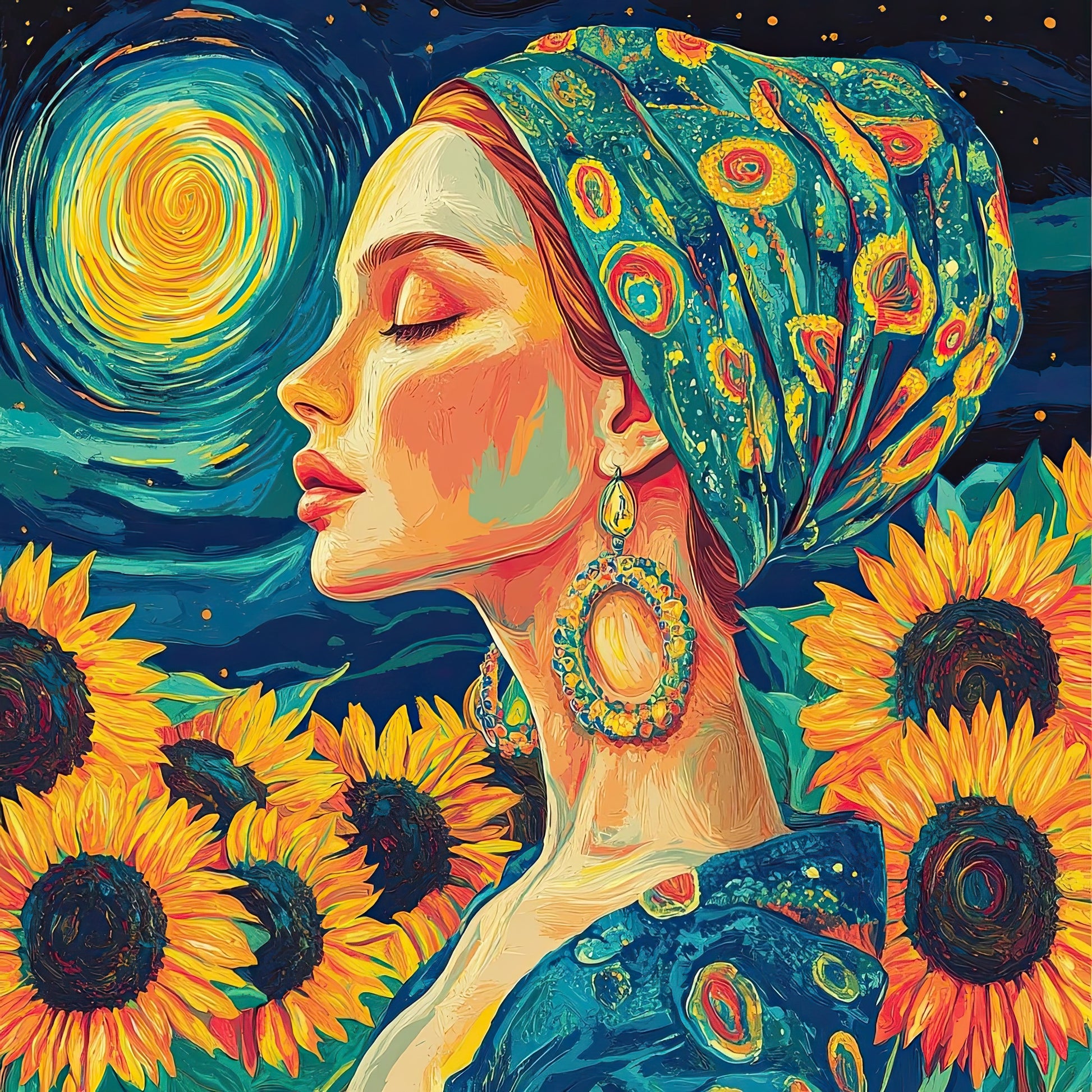 Volledige weergave van Nocturnal Bloom – vrouw met kleurrijke hoofddoek, zonnebloemen en nachtelijke hemel

