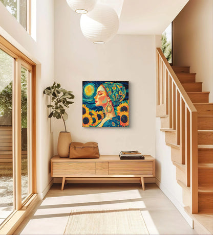 Textielkunstwerk Nocturnal Bloom boven een houten bankje in een warme hal met zonlicht en trap
